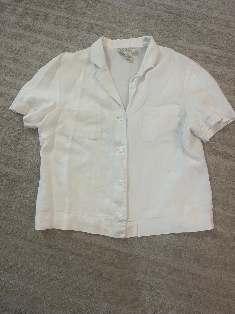 Norton McNaughton White Short Sleeve Collared Button-Up 100% Linen Top Blouse 14